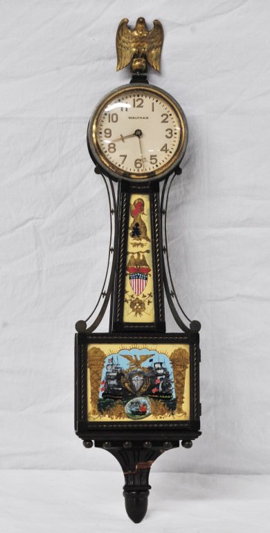 Waltham Federal Style Banjo Wall Clock: Reverse painted glass Height 22 Inches Width 5 Inches Depth 2 Inches