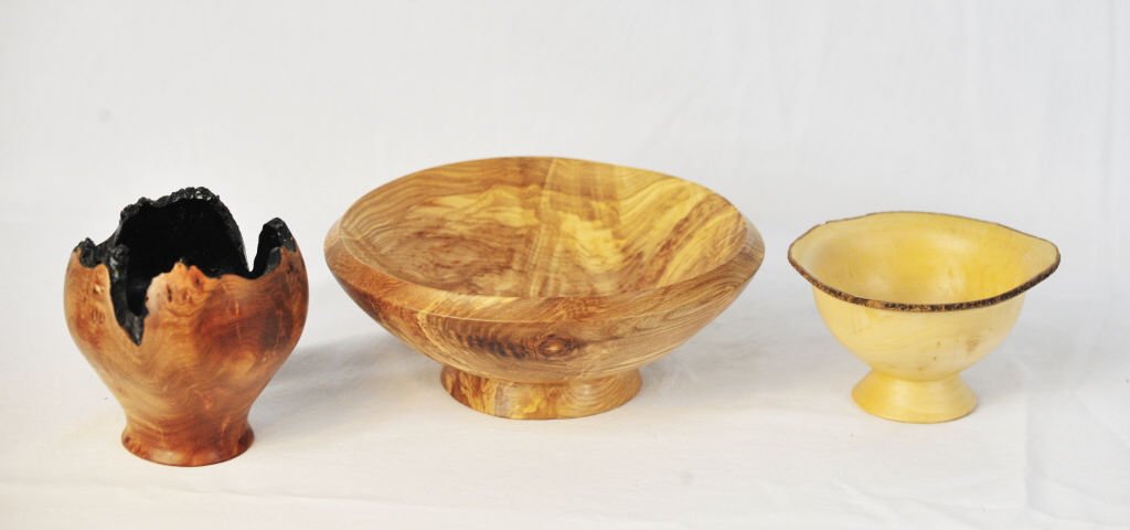 Three Bob Anderson Signature Wood Art Bowls: Bowl Height 3 Inches Bowl Height 3.5 Inches Vase Height 5 Inches Woodcrafts all signed