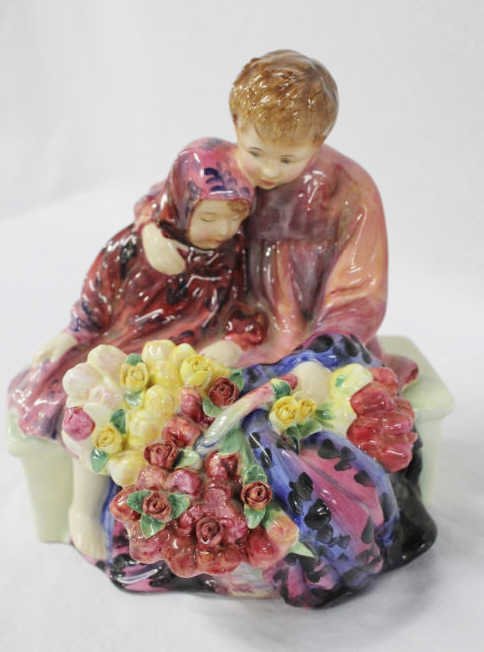 Royal Doulton Children with Flower Basket Figurine: Flower Sellers Children, marked Royal Doulton on bottom. Brother and sister with a large basket of colorful flowers. Height 8.5 Inches. Width 8 Inches. Depth 5 Inches.