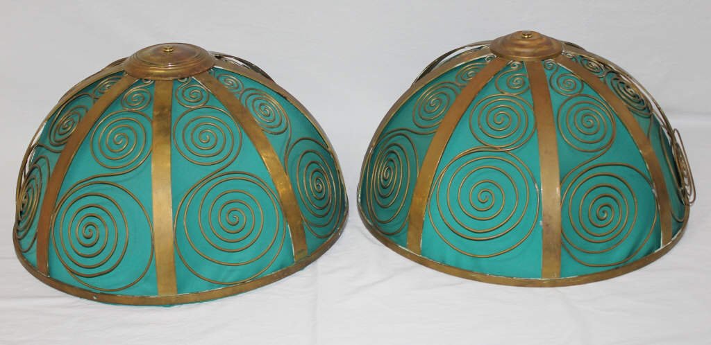 Pair of Art Modern Hanging Fixtures: Painted metal with spiral decoration, and teal fabric. Two-light fixture. Height 15 Inches Diameter 20 Inches