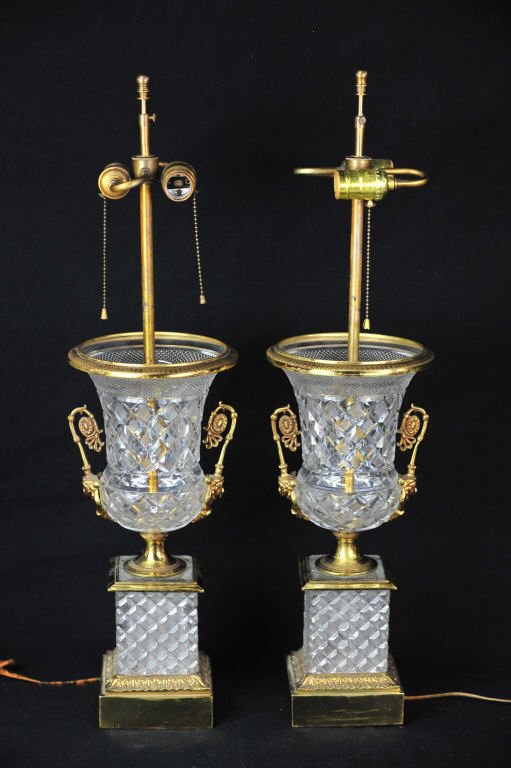 Pair of Cut Crystal Bronze Mounted Urn Lamps: Height 30 Inches Width 8 Inches