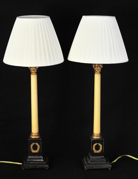 Pair of Empire Style Table Lamps: Reproductions. With fabric shades. Height 25.5 Inches Base Width approximately 5 Inches Depth approximately 5 Inches