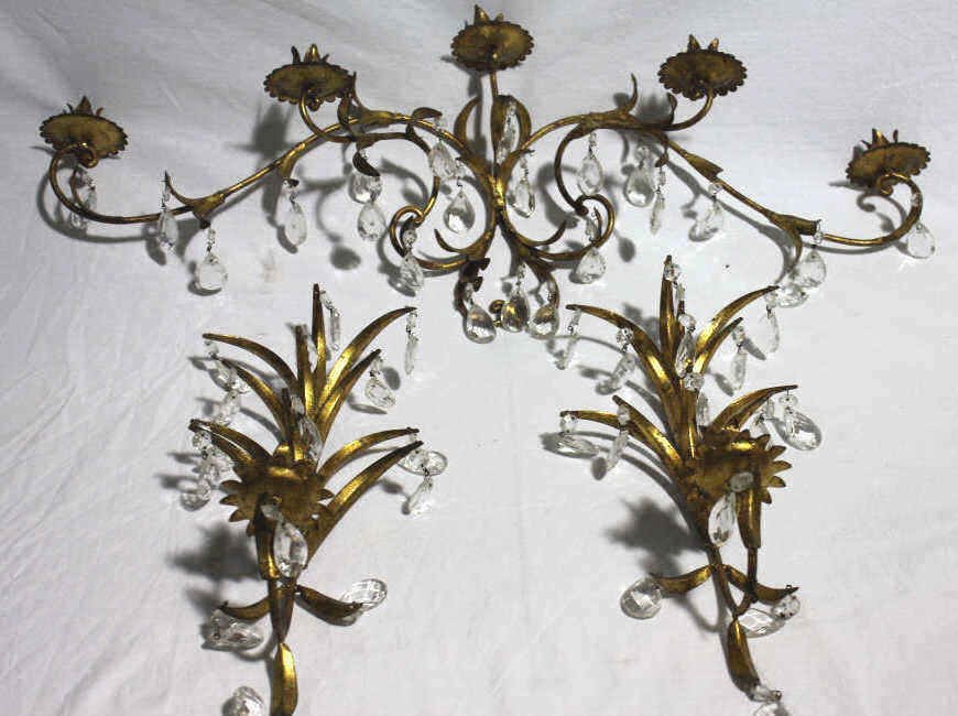 Three Gilt and Crystal Candle Sconces: Largest Height 11 Inches Width 29 Inches Smallest Height 16 Inches