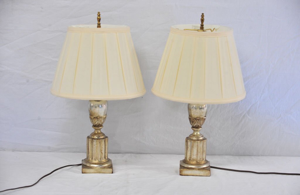 Pair of Small Gilt Wood Table Lamps: Height 21 Inches Width 4 Inches Depth 4 Inches