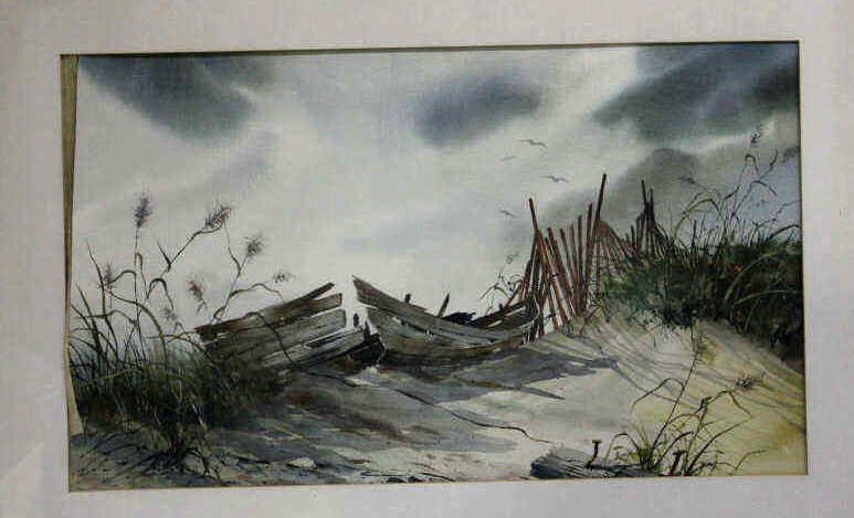 Beach Scene Watercolor signed Jane Carlson: Height 16 Inches Width 28 Inches