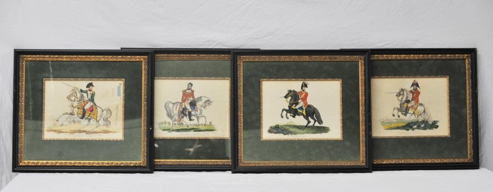 Four English Prints of Figures on Horseback: Rich Evans, London 1816. Prince of Orange, Lieutenant General Sir Eire Coote KB, KC & MP, Prince of Saxe Cobourg, and Napoleon Bonaparte, Emperor of France. All framed. Height 9.5 Inches Width 12 Inch
