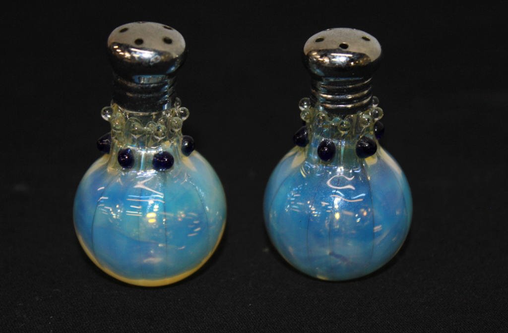 Pair Art Glass and Silver Salt and Pepper Shakers: Height 2.5 inches