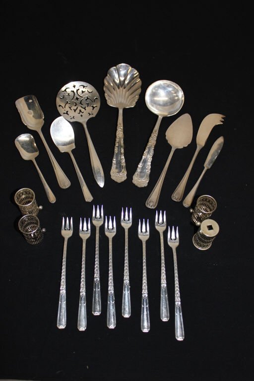 Assorted Silver Plate Items: Forks, Cheese scoops serving utensils