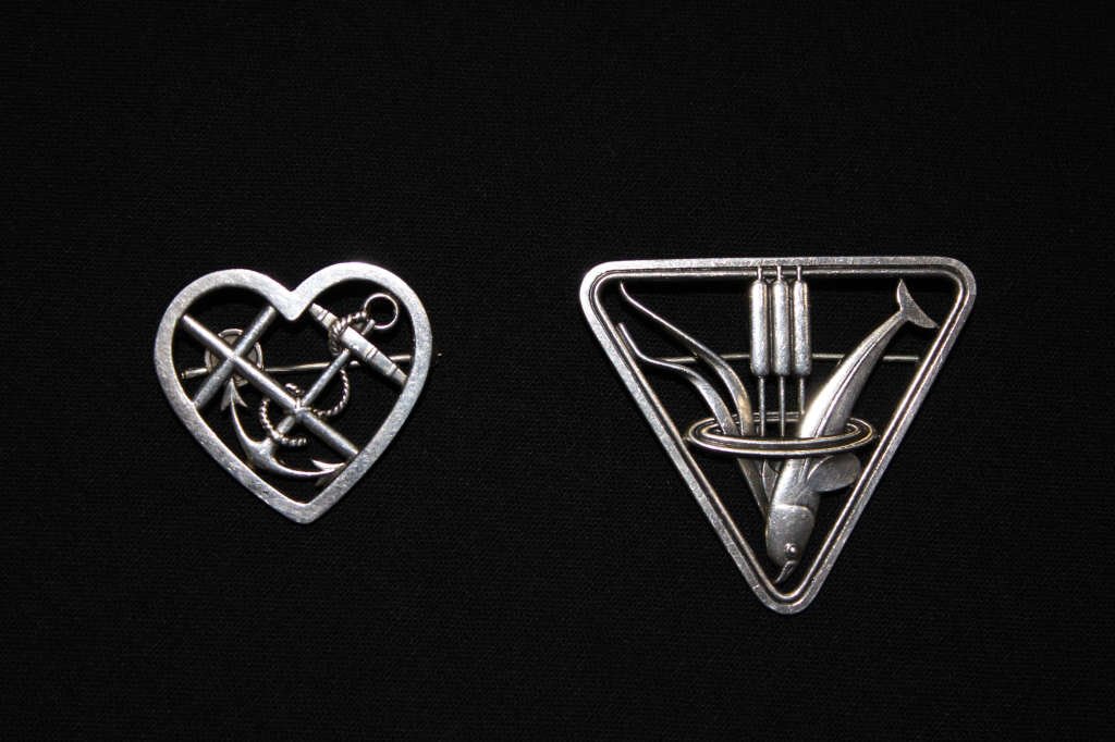 Two Georg Jensen Sterling Silver Pins: Signed On back total weight 16.5 gr Height 1.5 inches Width 1.75 inches Height 1 inch Width 1.25 inches