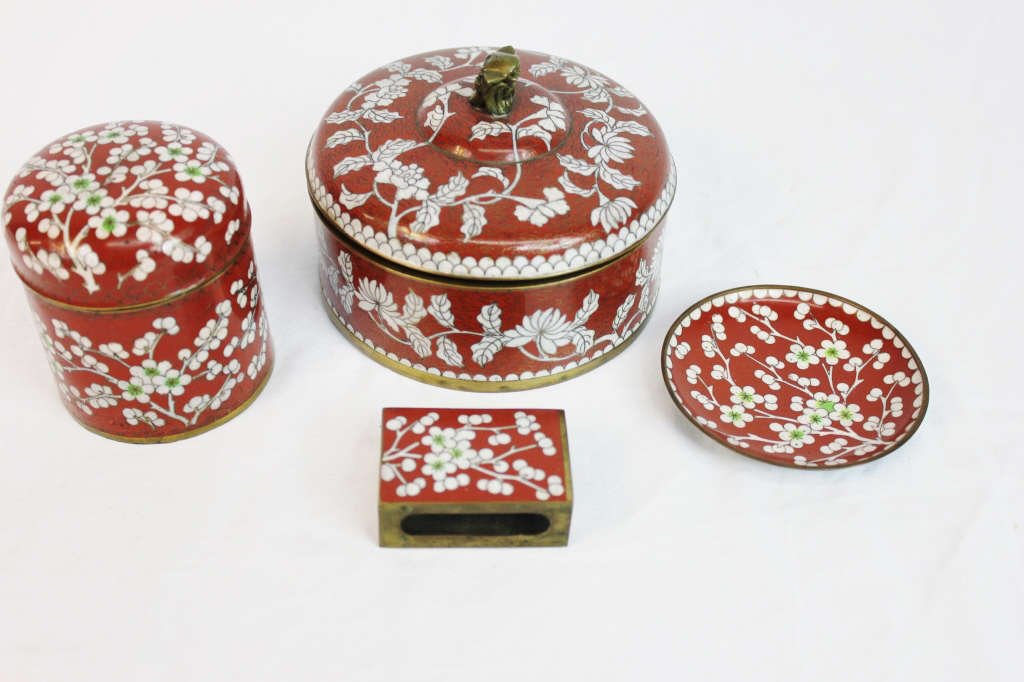 Four Pieces of Chinese Cloisonne: Box with Lid, Small dish, Matchbox, Small Jar with Lid Box: Height 4 inches Diameter 5.25 inches Dish: Height .5 inches