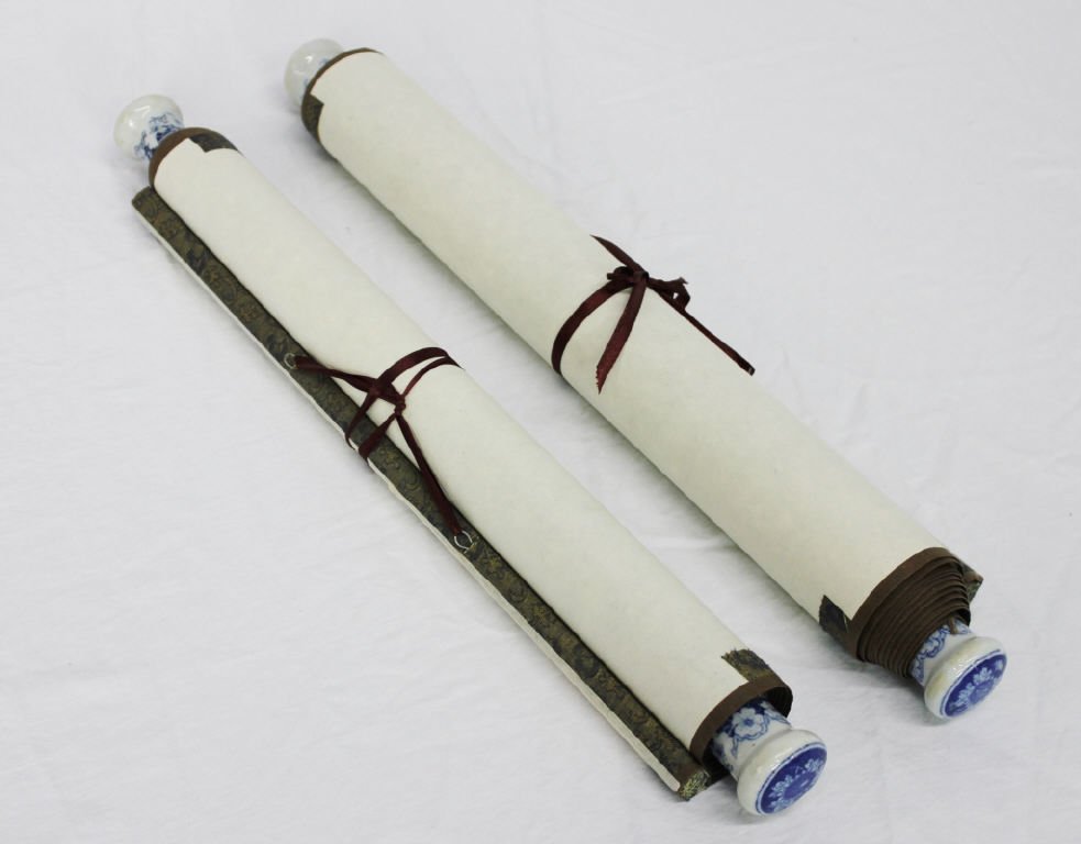 Two Chinese Rice Paper Wall Hangings: Height 63 inches Width 20 inches Blue and White Porcelain Knobs: Height 1 inch Diameter 1.5 inches