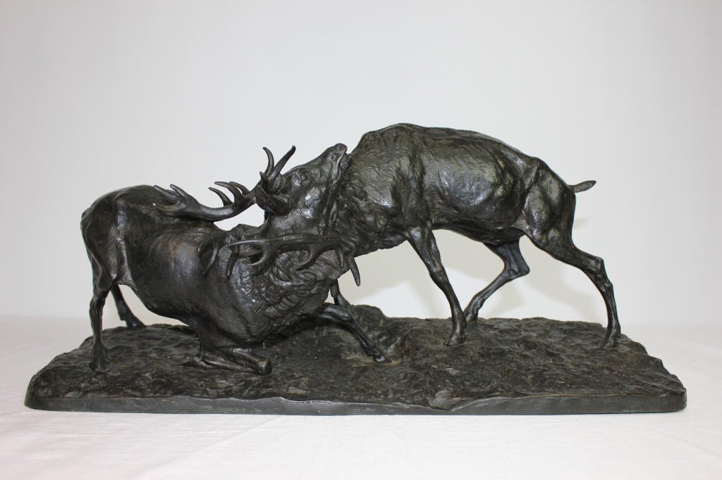 P.J. Mene (Fr. 1810-1879) Bronze of Elk Fighting: Pierre Jules Mene Height 10 inches Width 22 inches Depth 7.5 inches