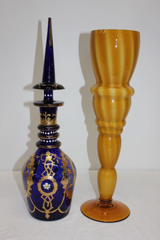 Two Pieces of Art Glass: Blue Hand Painted Jar with Lid Height 19 Inches Orange Art Glass Vase Height 18 Inches