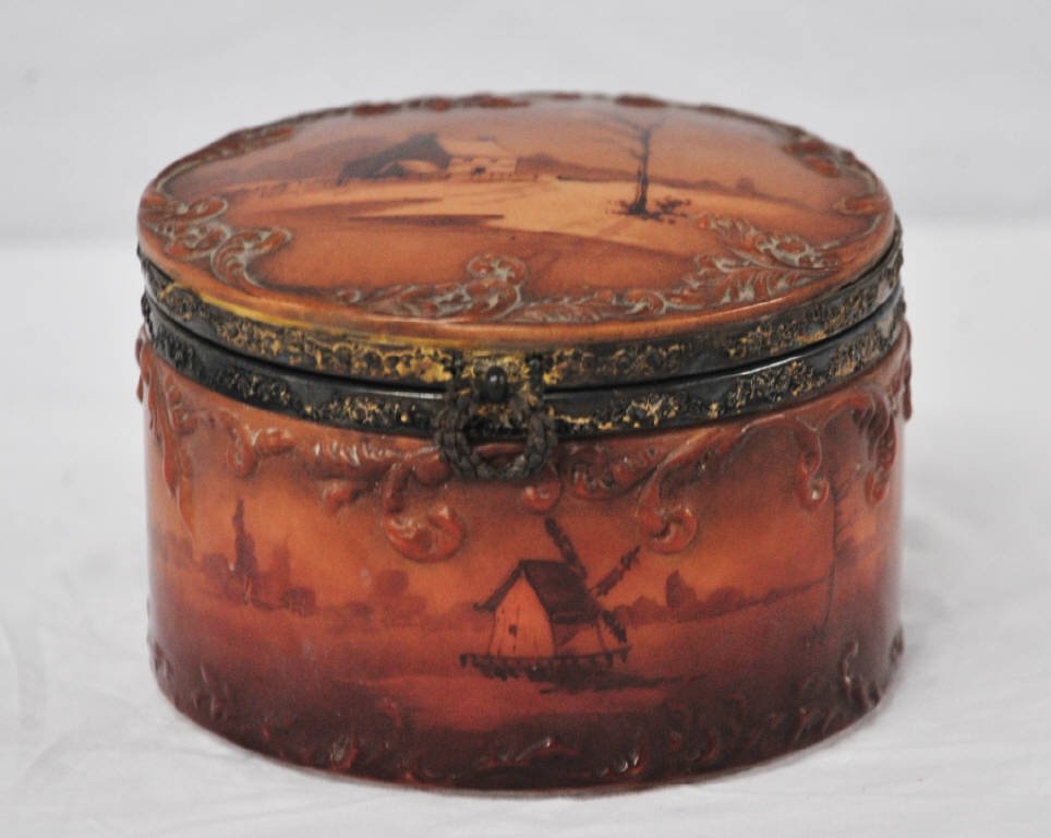Antique Hand-Painted Milk Glass Box: Rural scene painted on top, in brown or sepia tone. Height 4 Inches Diameter 6.5 Inches
