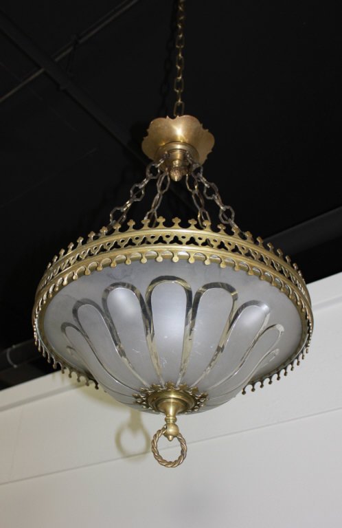 Antique Etched Glass 4 Light Chandelier: Height 22 Inches Diameter 18 Inches