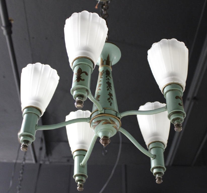 Americana Tin 5 Arm Green Chandelier: Painted embellishments with Frosted Glass Globes Height 29 inches Width 15 inches