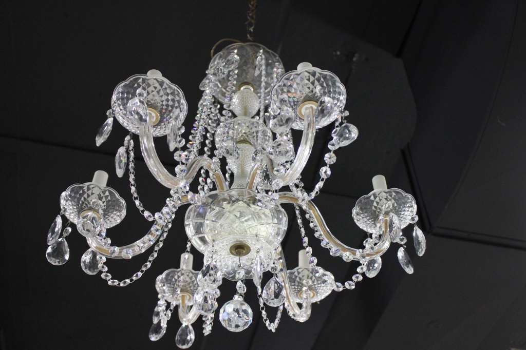 Crystal Chandelier with Draped Strung Crystals: Height 25 Inches Six Arms