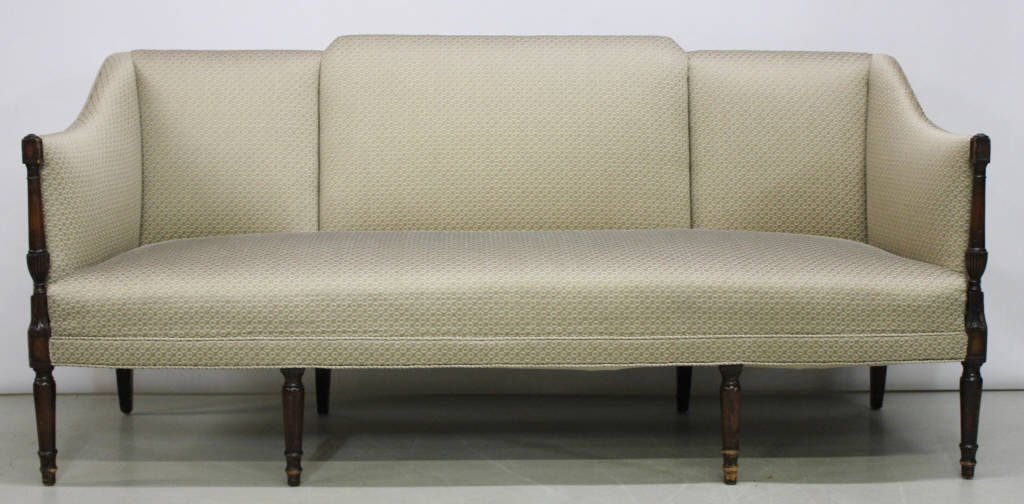 American Sheraton Canape: 2 of 2. Mahogany frame. Custom upholstered. Length 76 inches Height 36 inches Width 23 inches