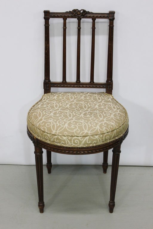 French Provincial Mahogany Side Chair: Height 32 inches Width 16.5 inches Depth 16 inches