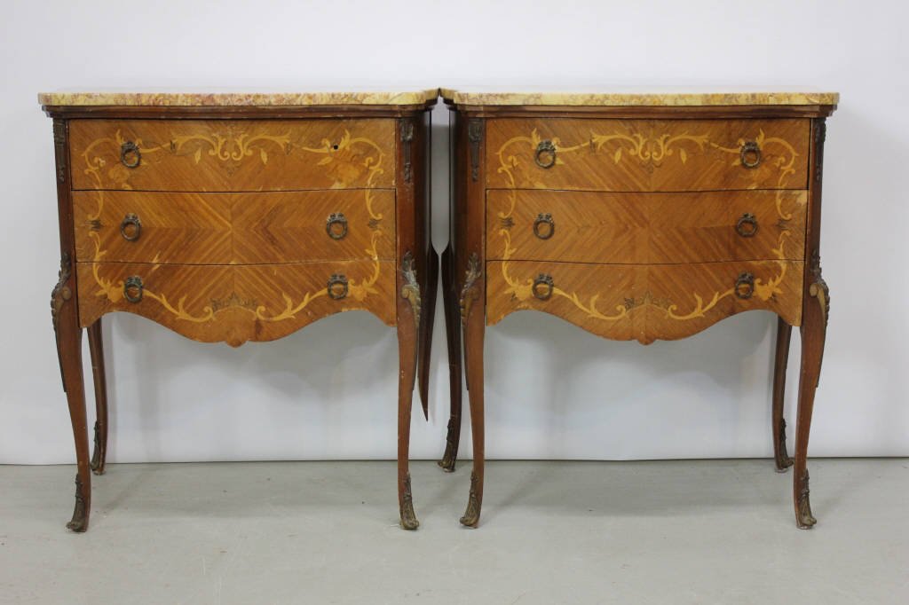 Pair of Satinwood Inlaid Wood Marble Top Commodes: Height 29.5 inches Width 27 inches Depth 14 inches