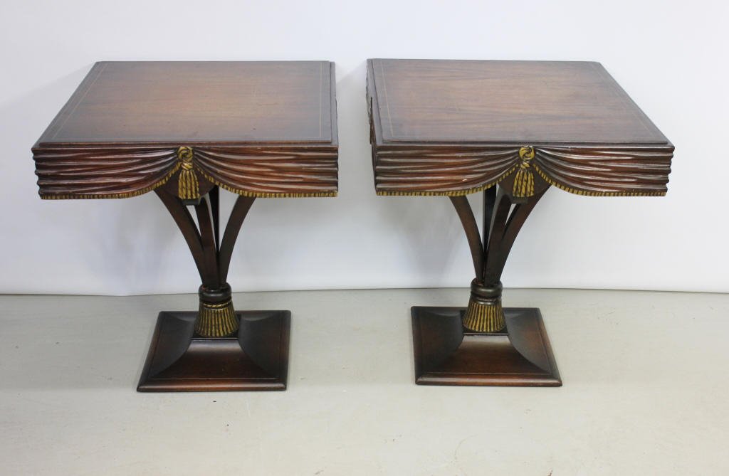 Pair of Drape and Tassel Grossfield House Tables: Height 28 Inches Width 25 Inches Depth 25 Inches
