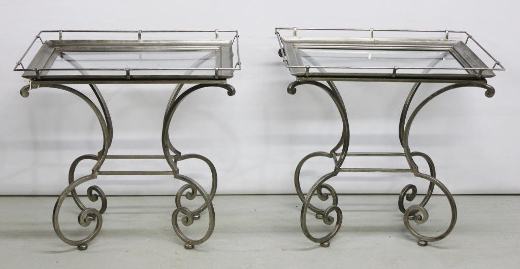 Pair of French Style Tray Top Tables: Metal and Glass Height 25.5 Inches Width 25.5 Inches Depth 17.5 Inches
