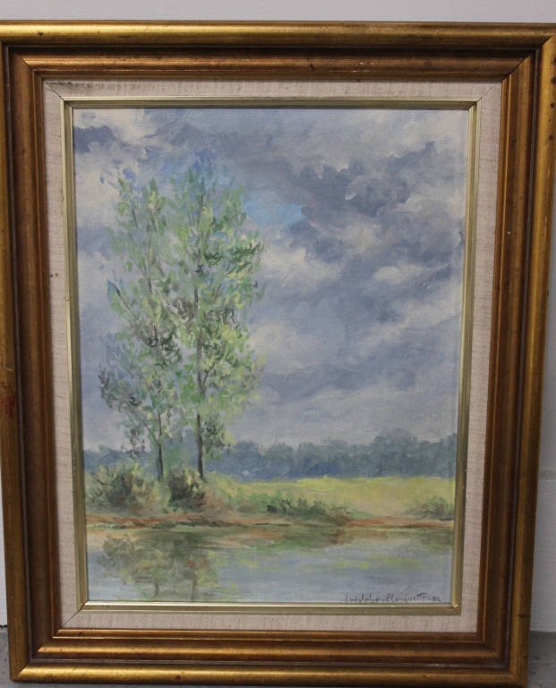 Oil on Board, signed Rudolphe Planquette 1982: Tree and Pond Landscape Height 13 inches Width 10 inches