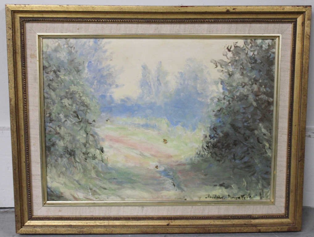 Oil on Board, signed Rudolphe Planquette 1981: Trees and Meadow, Landscape Height 9 inches Width 12 inches