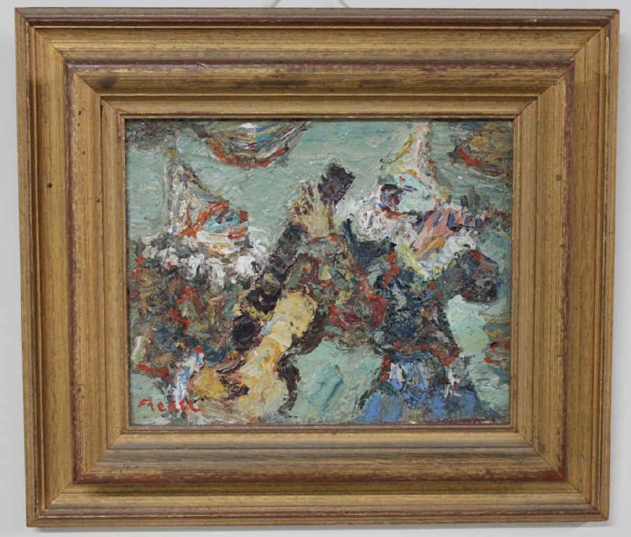 Abstract Painting of 2 Clowns, Oil on canvas: Signed Fincel, Israeli Artist Height 7 Inches Width 9 Inches
