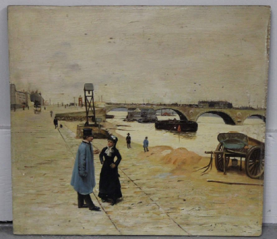 Oil On Board French Riverscape with Figures: Unsigned Unframed Height 12 Inches Width 12.5 Inches