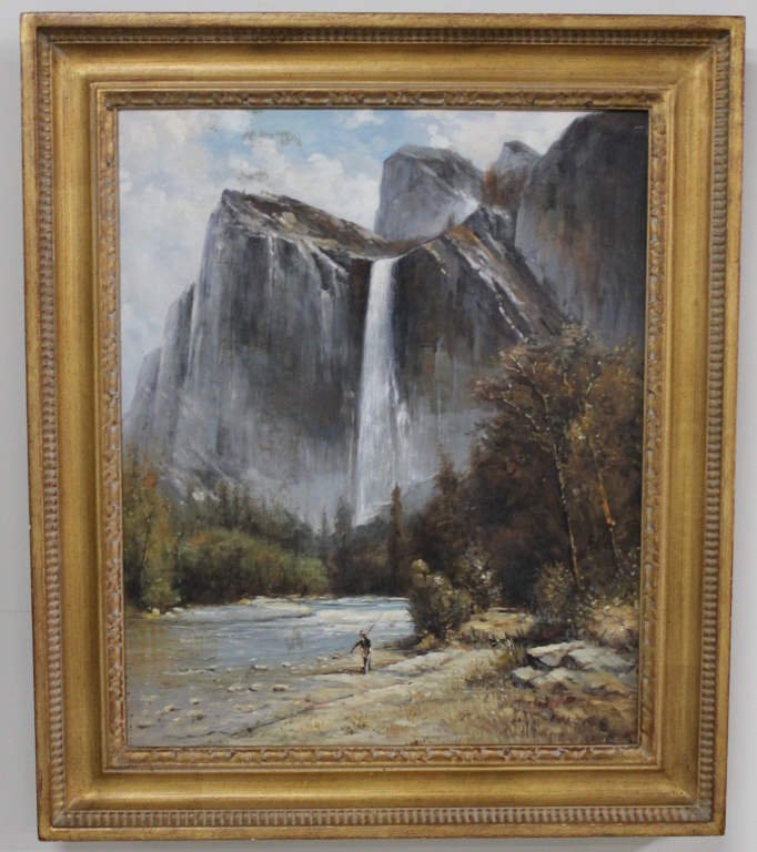 Oil on Canvas Waterfall and Fisherman: Height 22 Inches Width 18 Inches