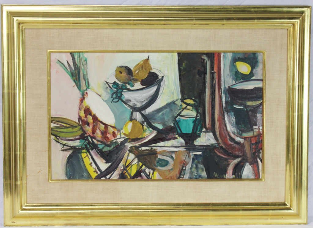 Still Life with Fruits Signed Menkes: Sigmund Menkes, Polish-Born American artist from New York, ca 1895. Menkes came to the United States in 1935. Height 13 Inches Width 22 Inches