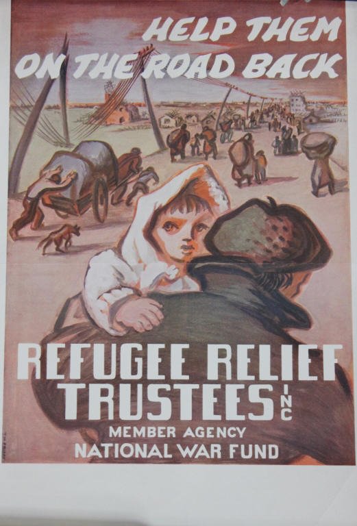 WWII Propaganda Poster: Refugee Relief Trustees Inc. Help Them On the Road Back Vintage WWII Color Poster