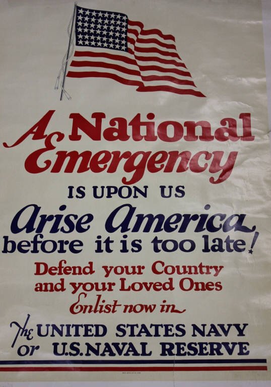 WWII Propaganda Poster: A National Emergency is Upon Us Arise America Enlist Now In the United States Navy WWII Vintage Color Poster