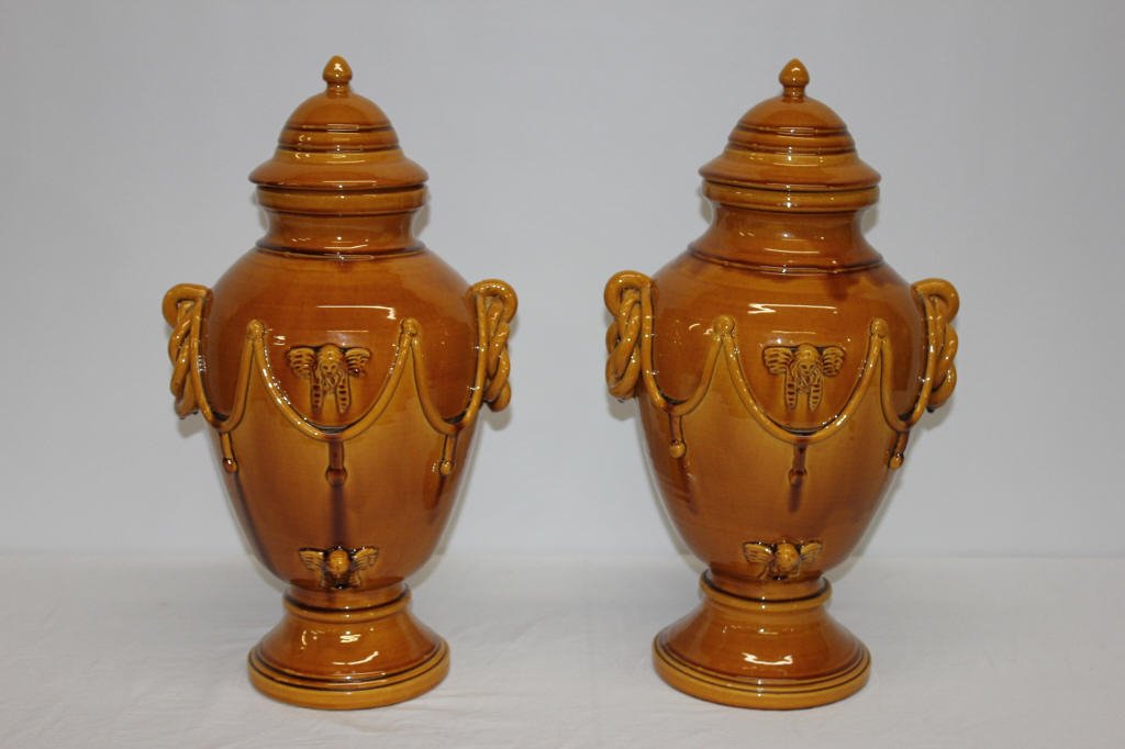 Pair Large Venetian Urns (France): Salt Glazed Venetian Urns Height 20 Inches Width 12 Inches