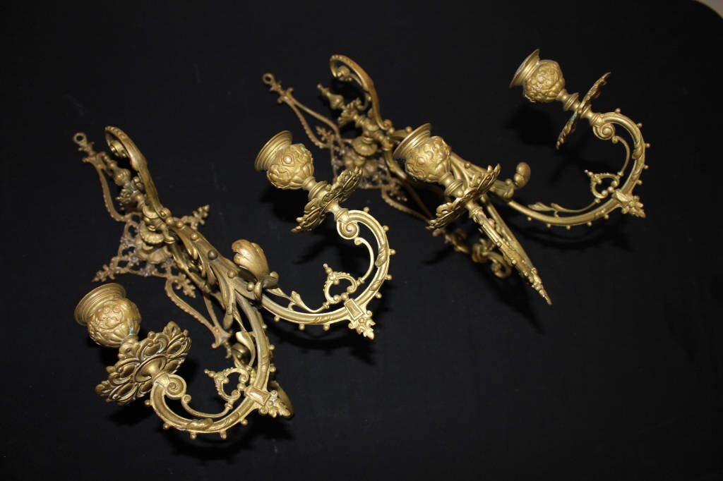 Pair of Gilt Candle 2-Armed Wall Sconces: Height 14 inches Width 8 inches Depth 8 inches