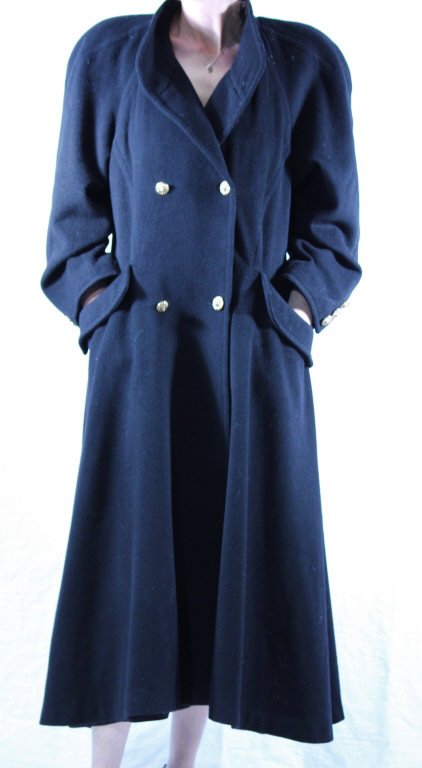 Ted Lapidus Long Black Cashmere Coat: 3/4 length with gold decorative buttons.