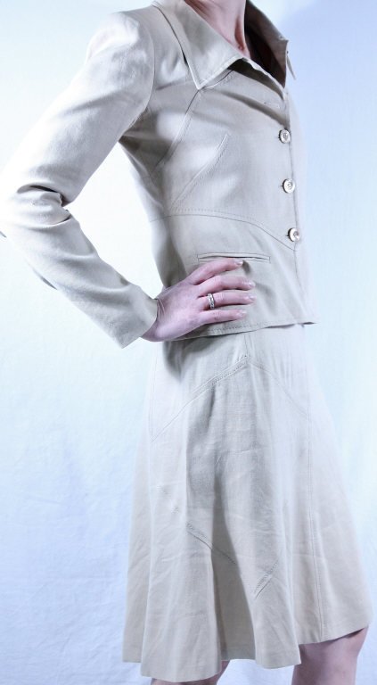 Valentino Beige Linen Skirt Suit: Valentino Boutique, Bergdorf Goodman. Four buttons. Size 6.