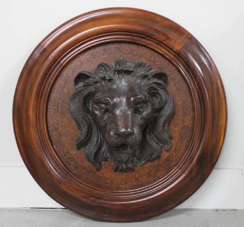 Mounted Metal Lions Head on Board: Diameter 12 Inches Projection 7 Inches