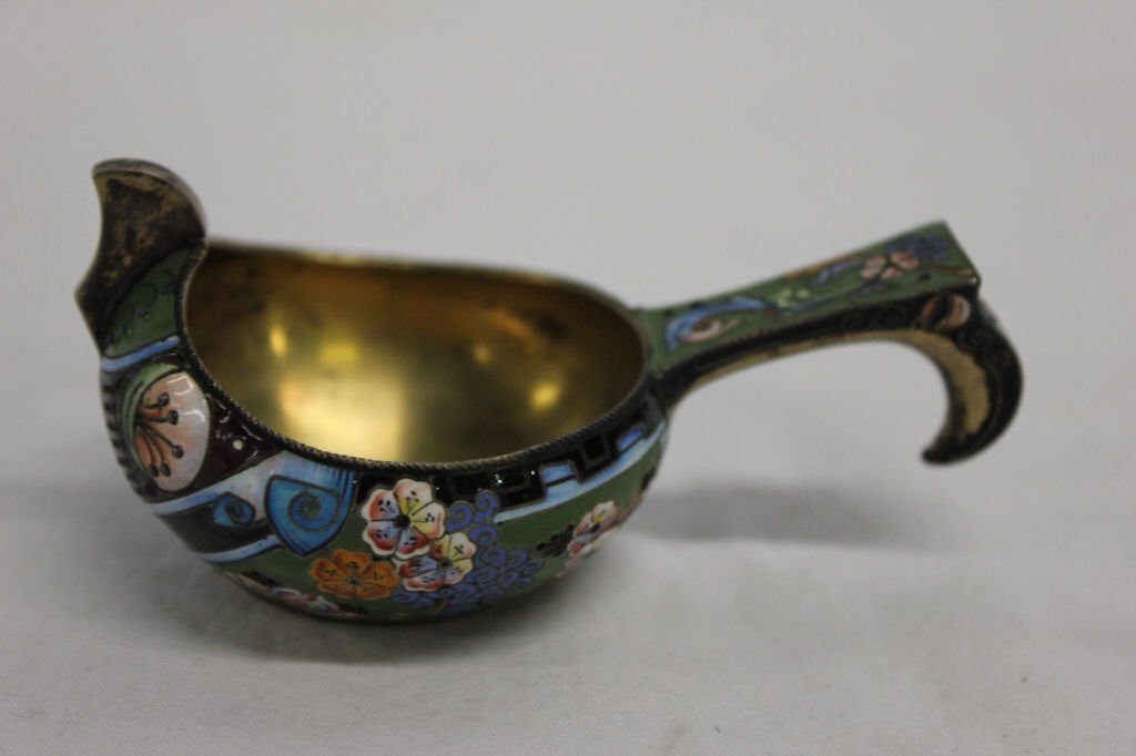 Antique Russian Sterling and Enamel Kovsh: Height 2 Inches Length 3.5 Inches