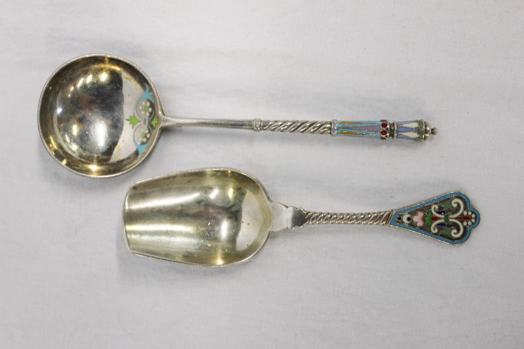 Two Russian Silver and Enamel Spoons: Length 6 Inches Length 5 Inches