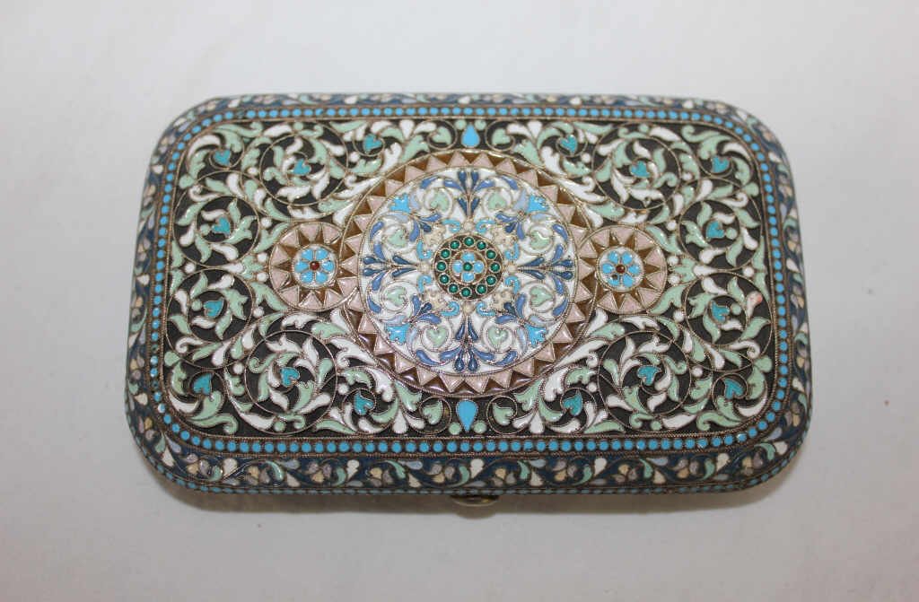 Russian Silver and Enamel Cigarette Case: Length 4.5 Inches Width 2.5 Inches