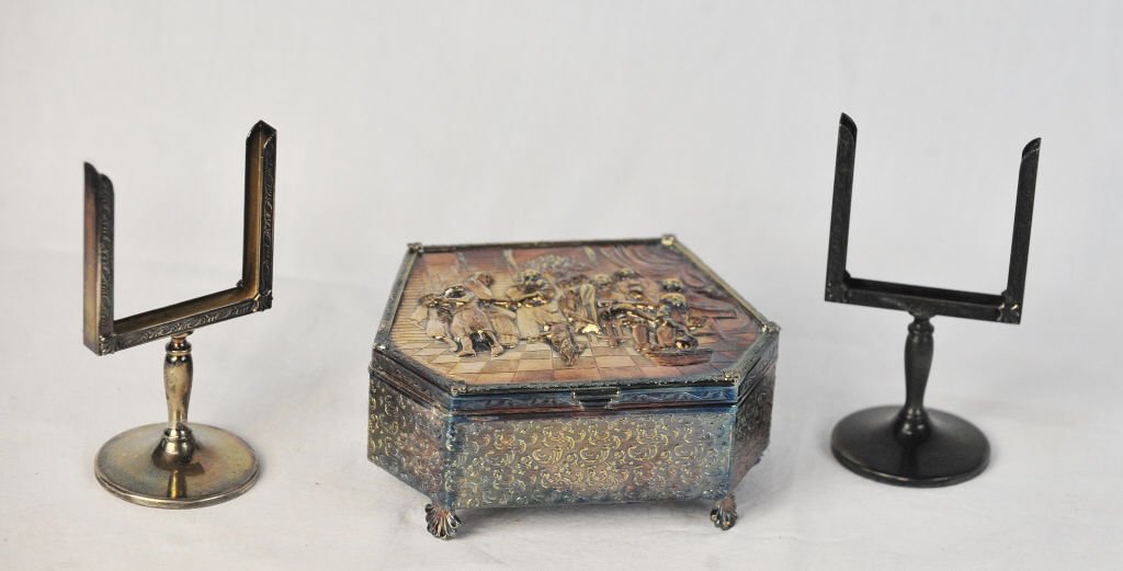 Silver Plate Music Box and Two Place Holders: Height 3 Inches Width 6 Inches Depth 5 Inches