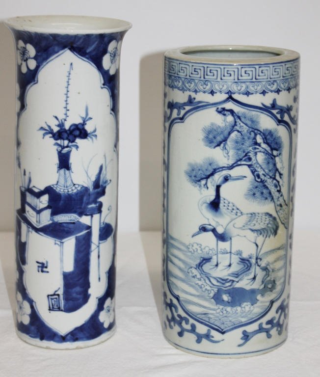 Two Chinese Blue and White Vases: 11 inches by 5 inches and 12 inches by 4.5 inches
