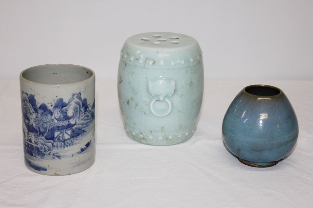 3 Chinese Articles: Robins Egg Vase 4 inches by 3.5 inches Blue and White Brush Holder 4.5 inches by 3.5 inches Celadon Brush Holder 5.5 inches by 4 inches