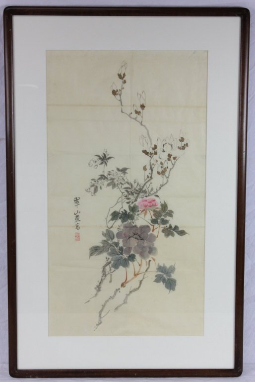 Chinese Floral Watercolor on Rice Paper: Hand painted and signed, stamped.
