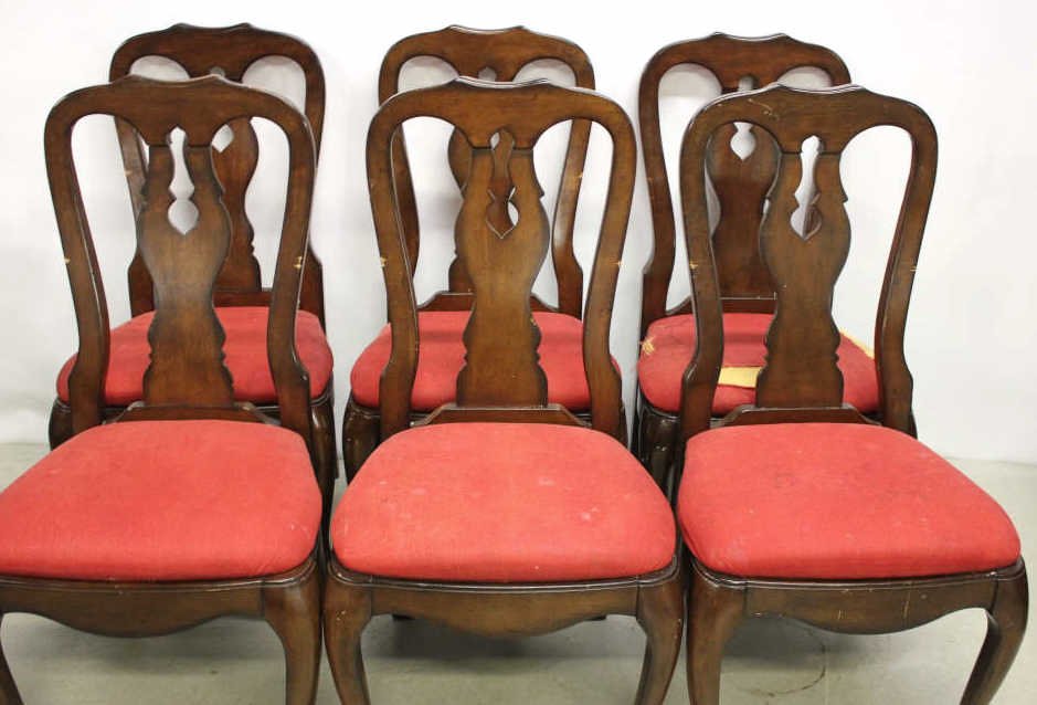 6 Chippendale Style Chairs: Height: 41 inches. Width: 21 inches. Depth: 17 inches. needs reupholstering