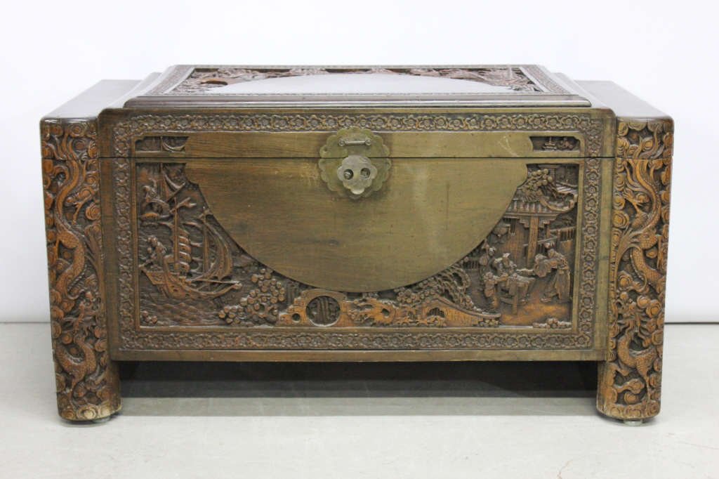 Antique Carved Chinese Chest with Cedar Interior: Height: 21 inches. Length: 40 inches. Depth: 20 inches.