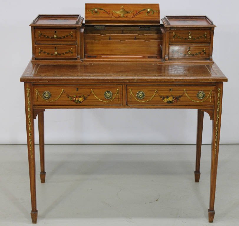 Edwardian Painted Satinwood Writing Desk: Height 36.5 inches Length 36 inches Width 20.5 inches