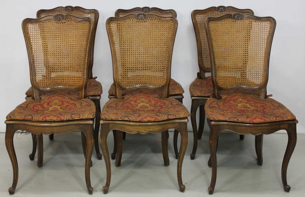 French Provincial Dining Table and 6 Chairs: Six (6) side chairs. One seat bottom needs repair. Table: Length 59 inches Width 39 inches Height 30 inches. Chairs: